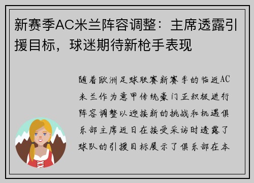 新赛季AC米兰阵容调整：主席透露引援目标，球迷期待新枪手表现
