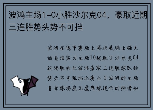 波鸿主场1-0小胜沙尔克04，豪取近期三连胜势头势不可挡
